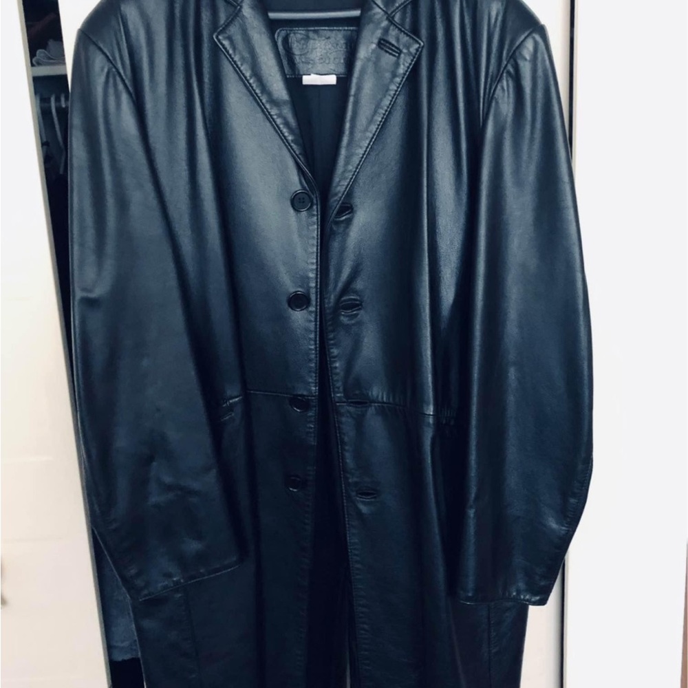 Black Leather Calfskin Trench Coat with Notched Lapel and Long Length